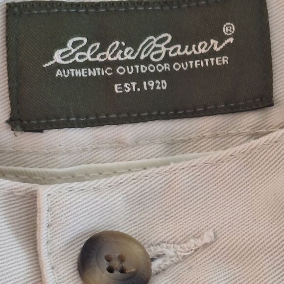 Eddie Bauer Mens Khaki Chino Pants Size 34 LONG FLat Front 100% Cotton Twill - Picture 6 of 14